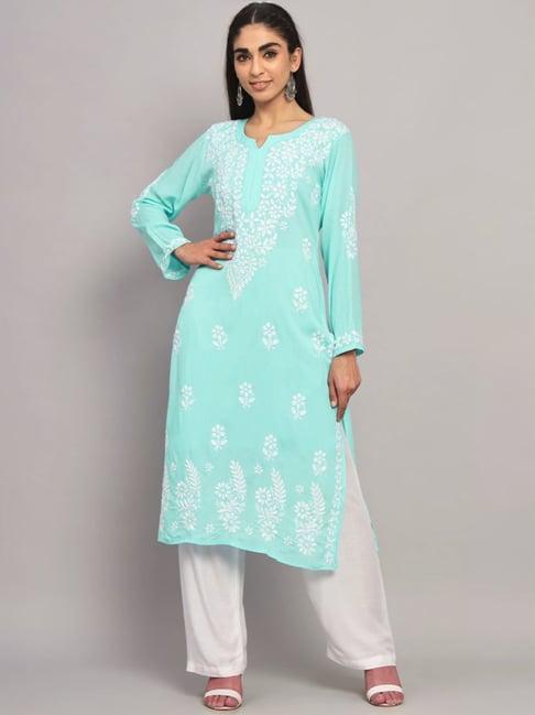 paramount chikan aqua blue hand embroidered chikankari straight kurta