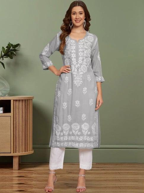 paramount chikan ash grey hand embroidered chikankari straight kurta