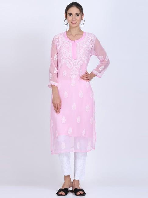 paramount chikan baby pink chikankari straight kurta