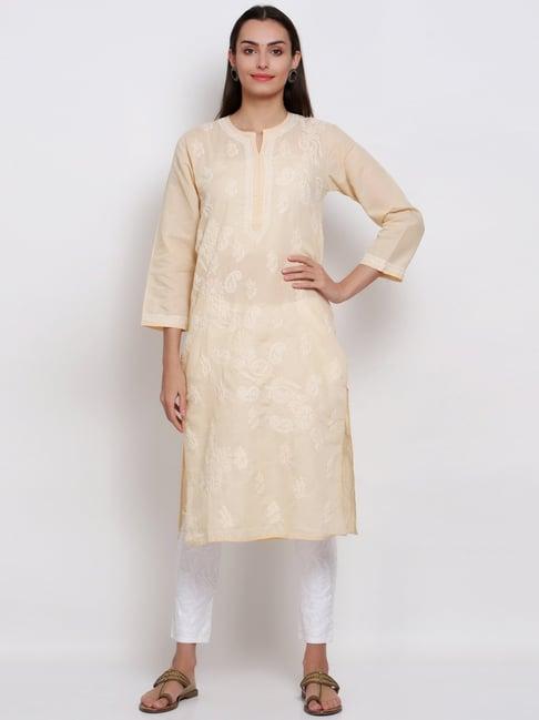 paramount chikan beige cotton chikankari straight kurta