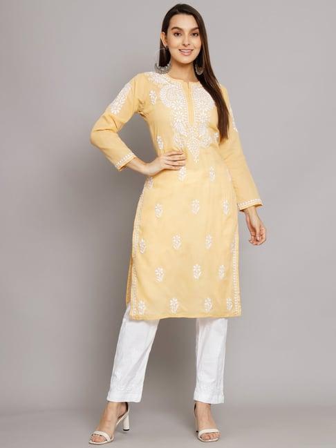 paramount chikan beige cotton embroidered straight kurta