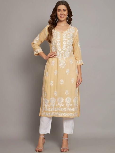 paramount chikan beige hand embroidered chikankari straight kurta