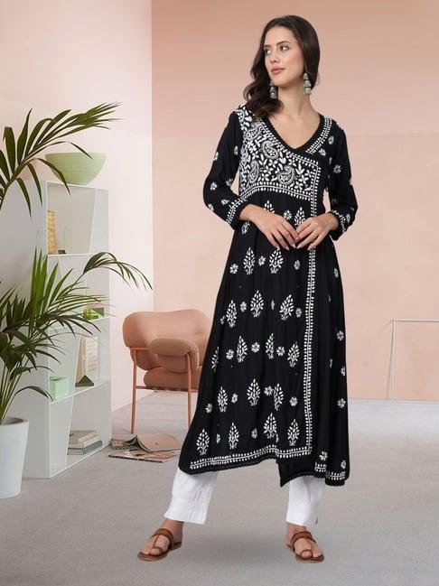 paramount chikan black & white hand embroidered chikankari angrakha kurta