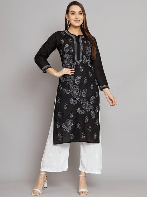 paramount chikan black cotton chikankari straight kurta