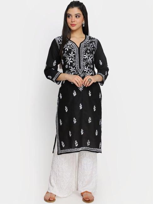 paramount chikan black cotton hand embroidered chikankari straight kurta