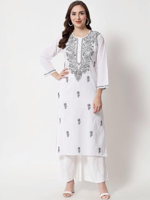 paramount chikan black cotton hand embroidered chikankari straight kurta