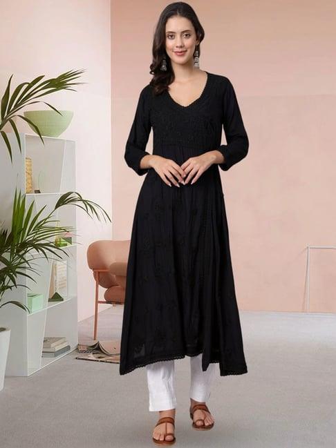 paramount chikan black hand embroidered chikankari angrakha kurta