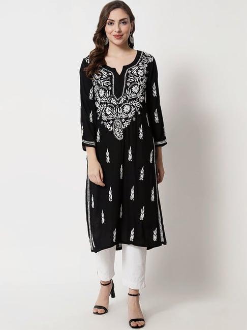 paramount chikan black hand embroidered chikankari straight kurta