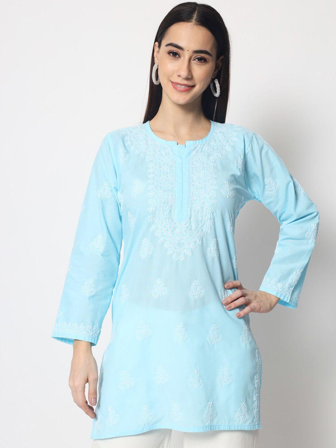 paramount chikan blue & white ethnic motifs embroidered chikankari pure cotton kurti