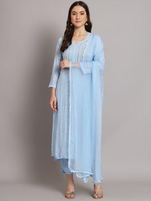 paramount chikan blue chikankari kurta pants set with dupatta