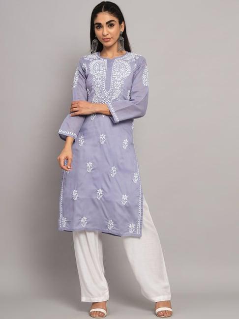 paramount chikan blue cotton embroidered straight kurta