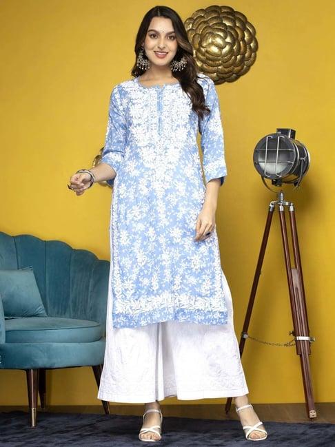 paramount chikan blue cotton embroidered straight kurta