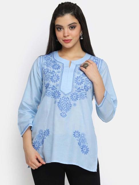 paramount chikan blue cotton embroidered straight short kurti