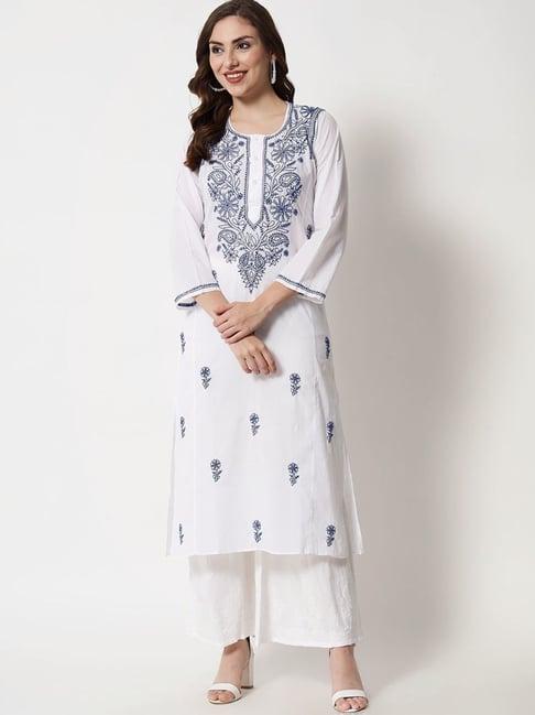 paramount chikan blue cotton hand embroidered chikankari straight kurta