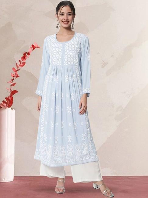 paramount chikan blue hand embroidered chikankari flared kurta