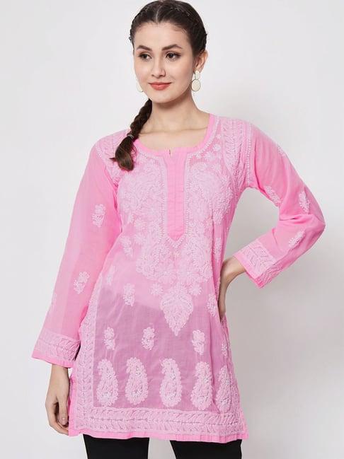 paramount chikan blush pink cotton hand embroidered chikankari straight kurti