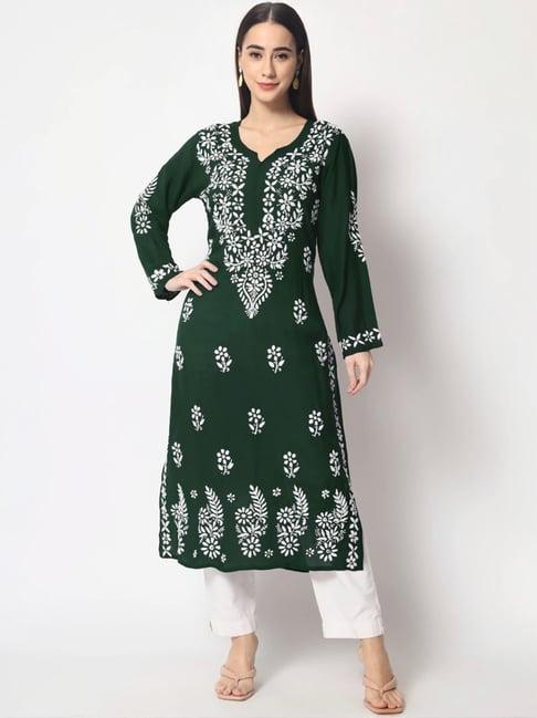 paramount chikan bottle green hand embroidered chikankari straight kurta