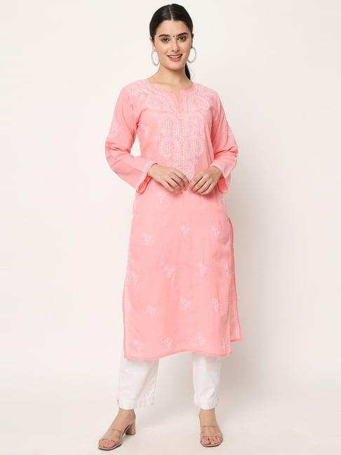 paramount chikan coral cotton chikankari straight kurta