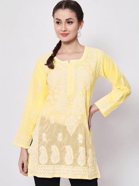 paramount chikan corn yellow cotton hand embroidered chikankari straight kurti