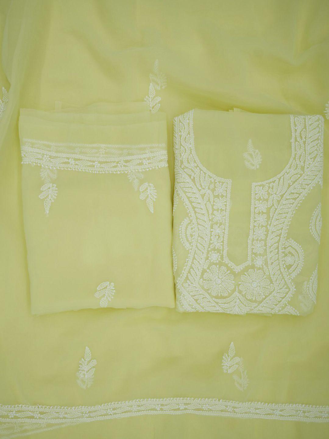 paramount chikan cream-coloured & white embroidered unstitched dress material