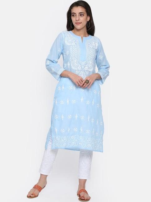 paramount chikan denim blue cotton hand embroidered chikankari straight kurta