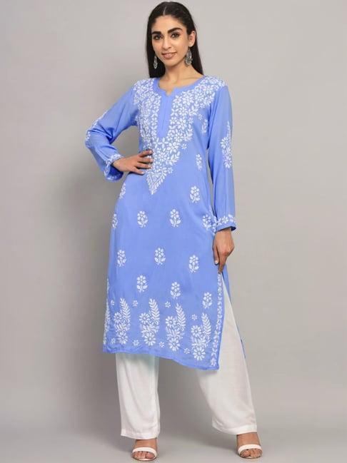 paramount chikan denim blue hand embroidered chikankari straight kurta