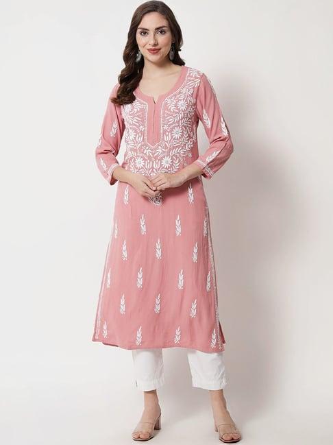 paramount chikan dusty pink hand embroidered chikankari straight kurta