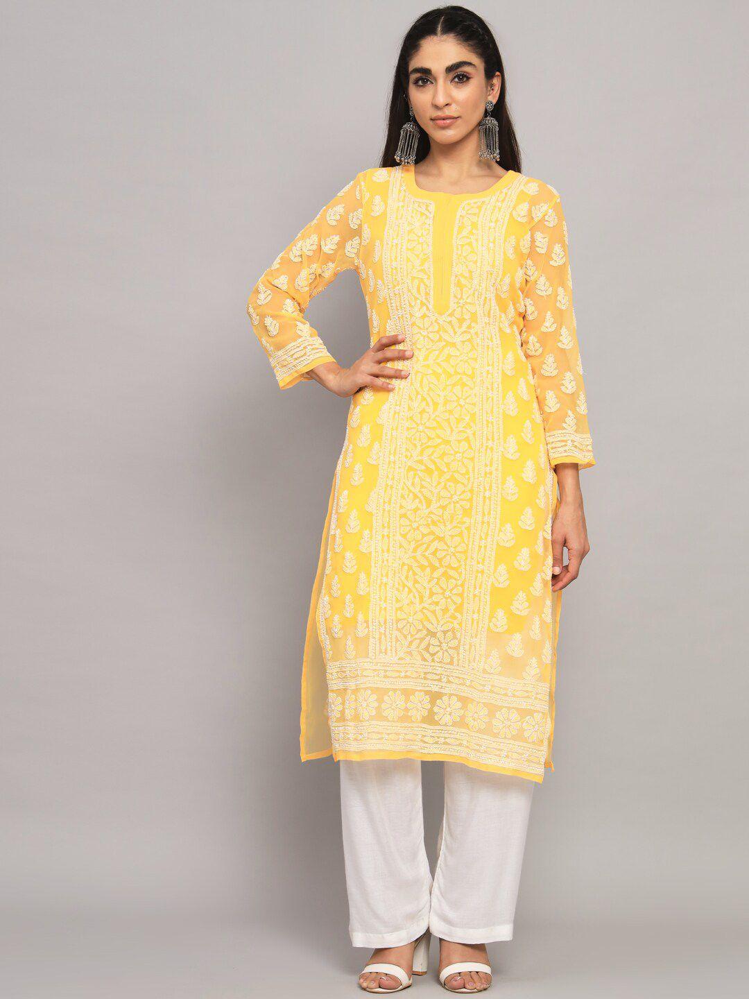 paramount chikan embroidered chikankari georgette kurta with matching slip