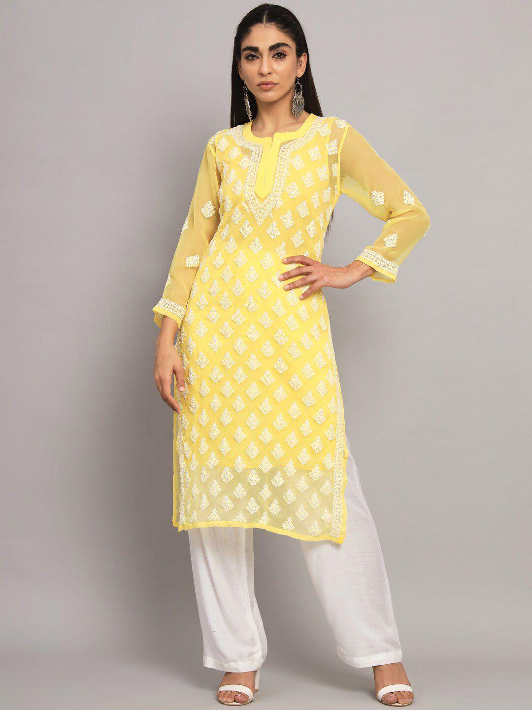 paramount chikan ethnic motif embroidered chikankari georgette kurta with slip