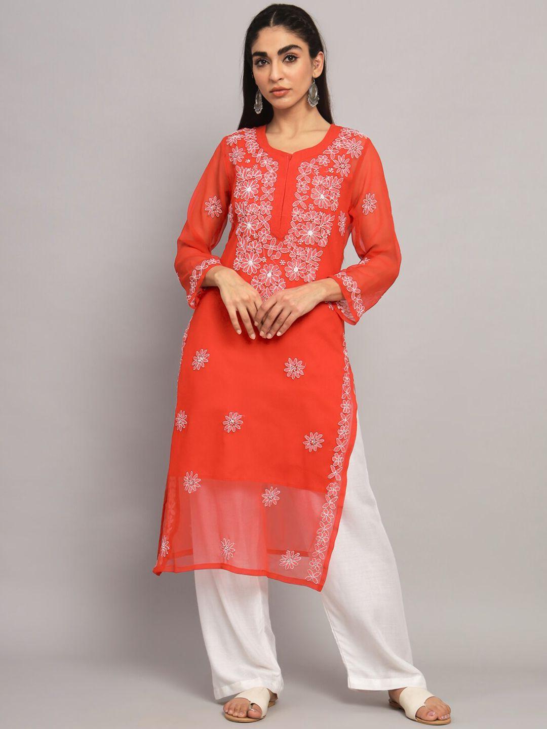 paramount chikan ethnic motif embroidered chikankari georgette kurta with slip