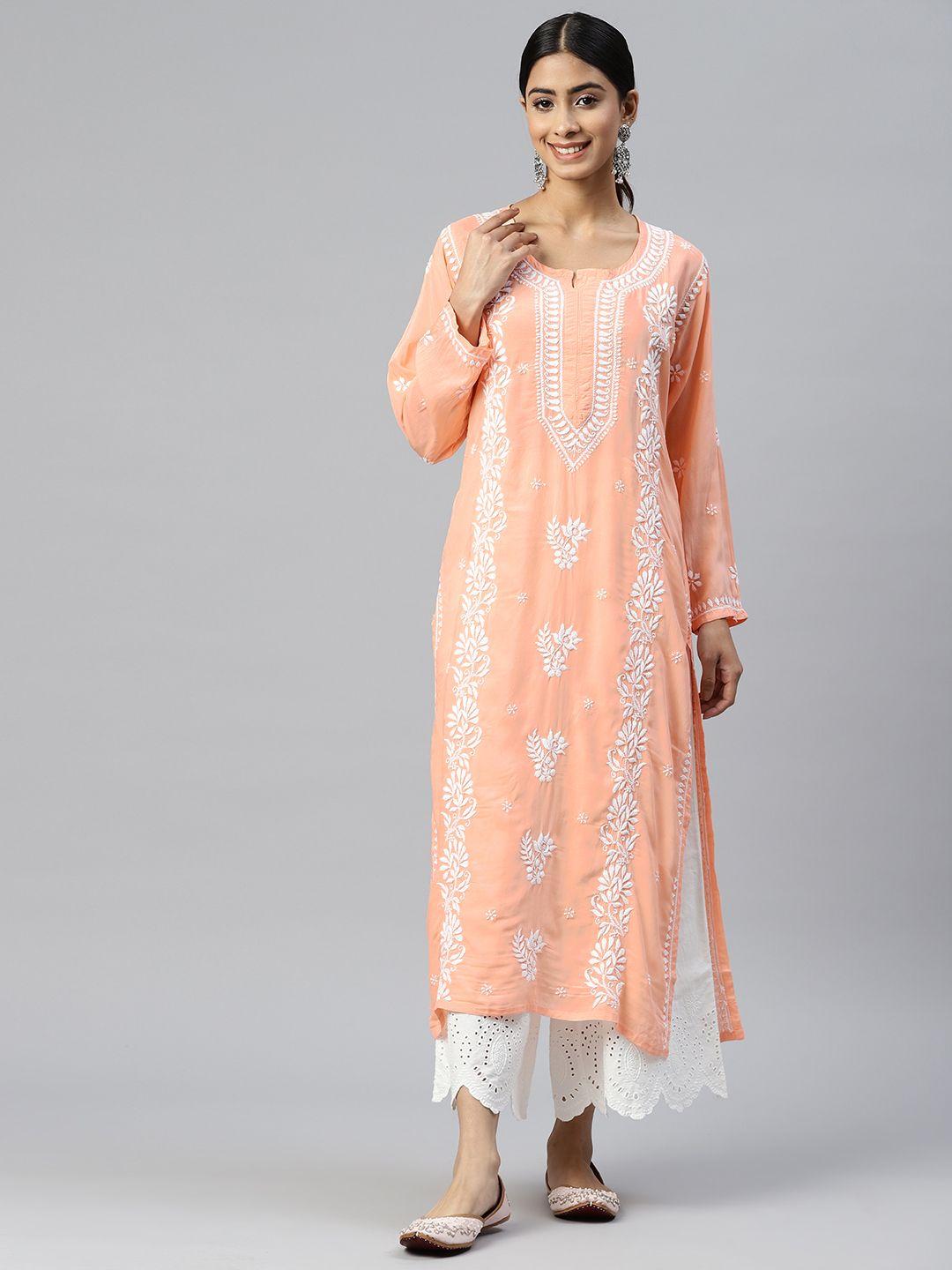 paramount chikan ethnic motifs embroidered chikankari floral pure cotton kurta