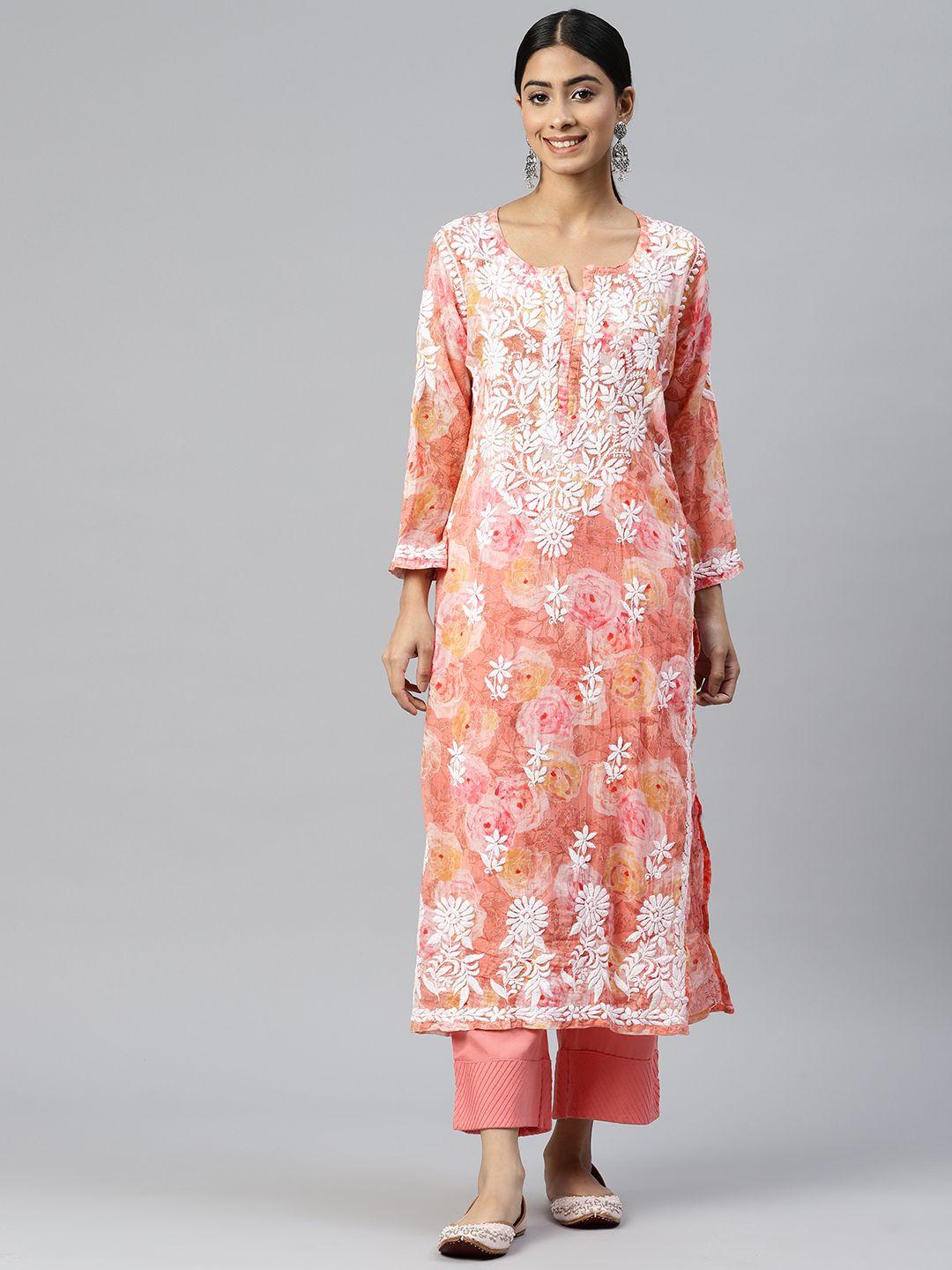 paramount chikan ethnic motifs embroidered chikankari floral pure cotton kurta