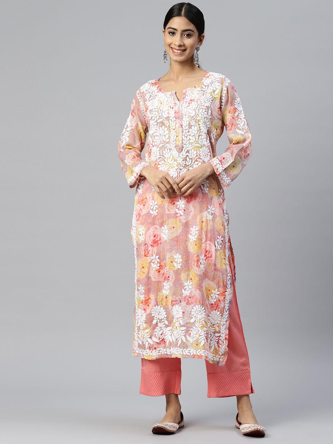 paramount chikan ethnic motifs embroidered chikankari floral pure cotton kurta