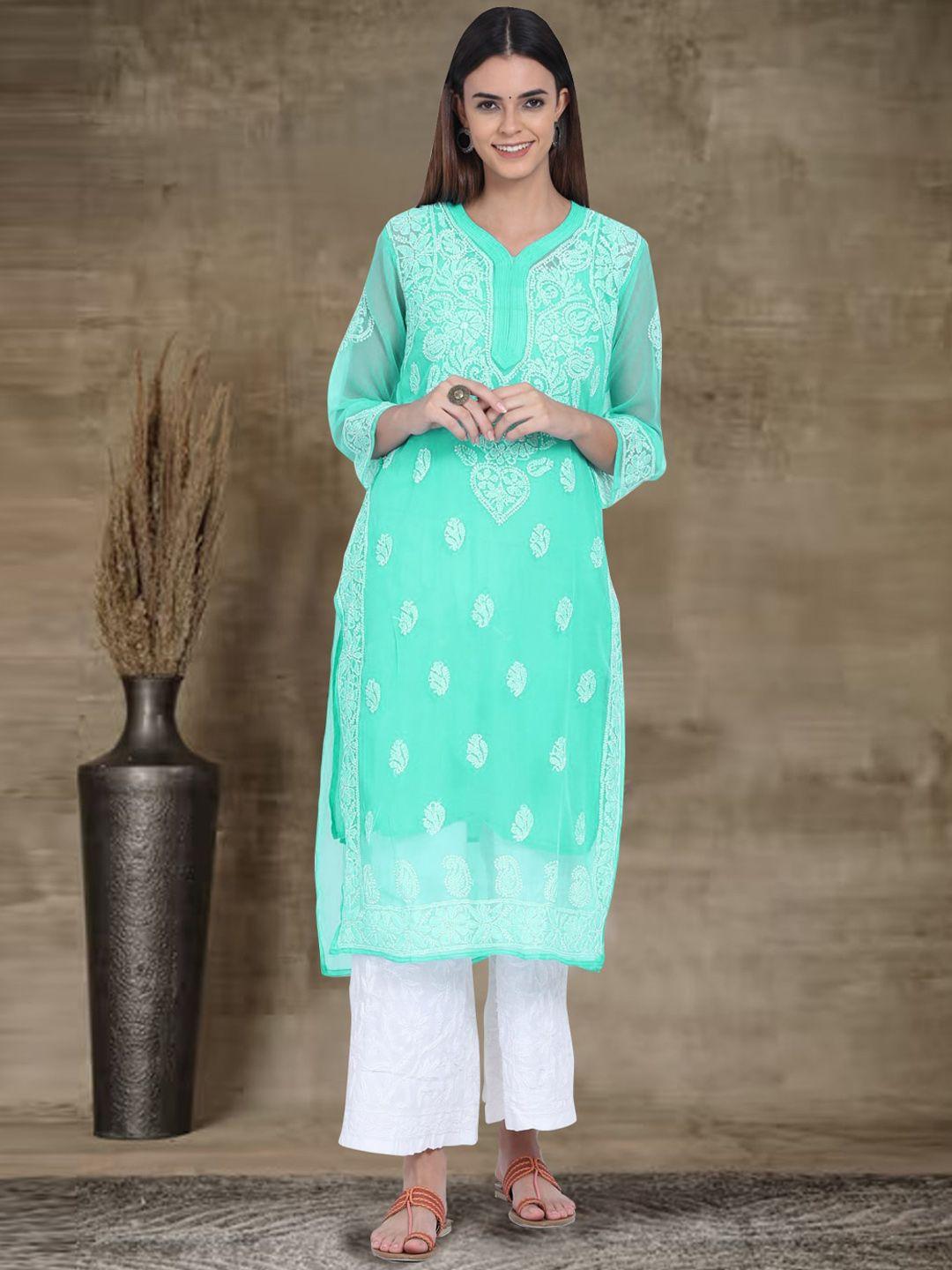 paramount chikan ethnic motifs embroidered chikankari georgette kurta with slip