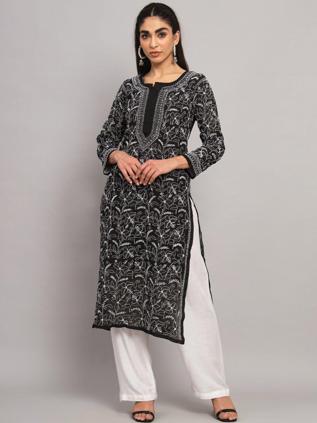 paramount chikan ethnic motifs embroidered chikankari straight cotton kurta