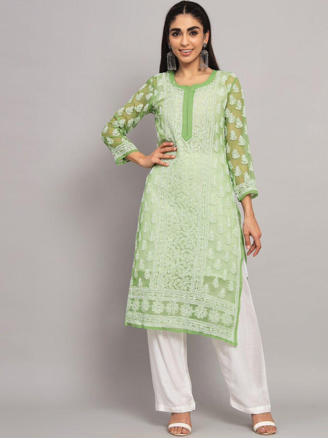 paramount chikan ethnic motifs embroidered chikankari straight georgette kurta with slip