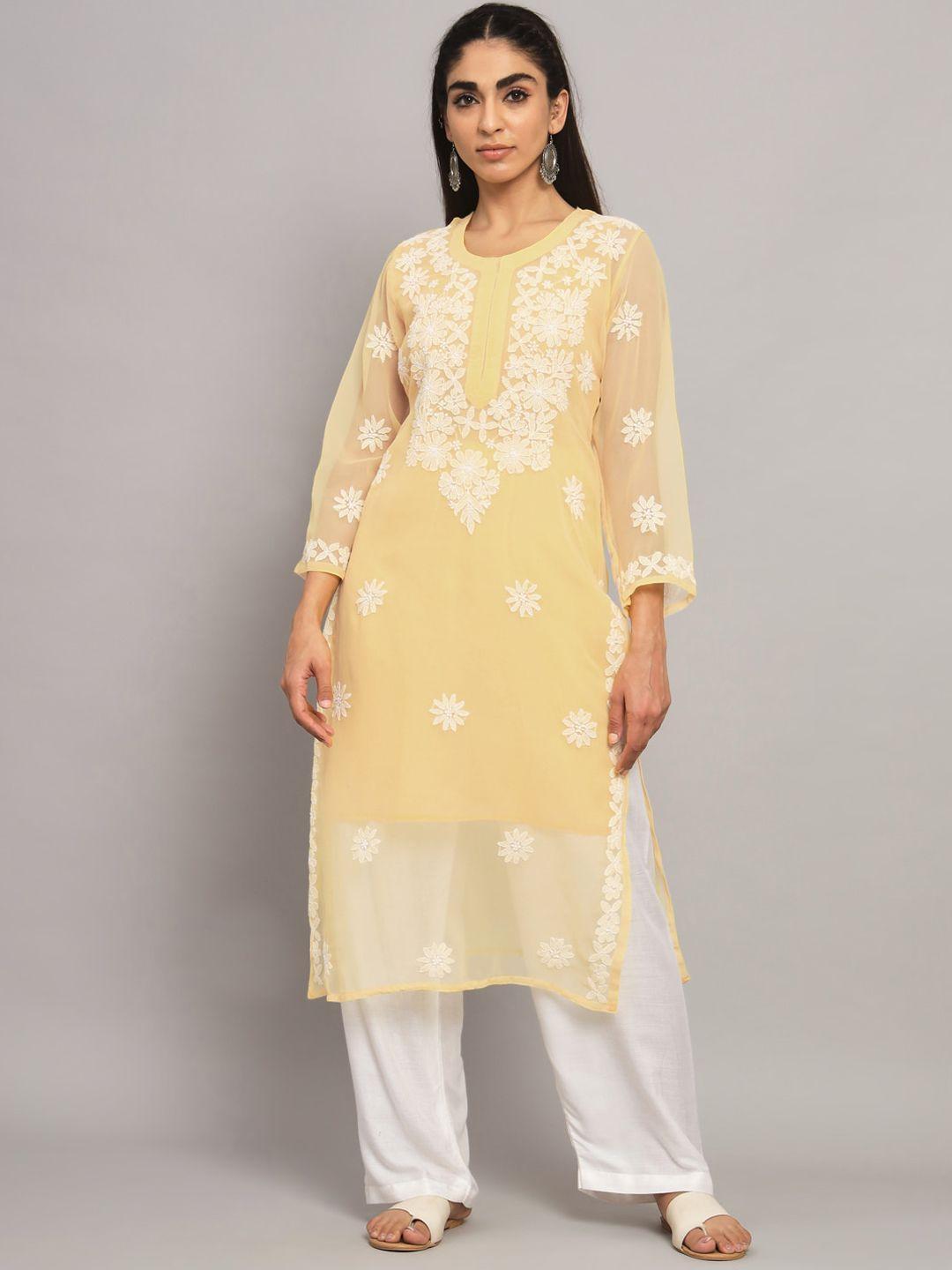 paramount chikan ethnic motifs embroidered lucknowi chikankari straight kurta with slip