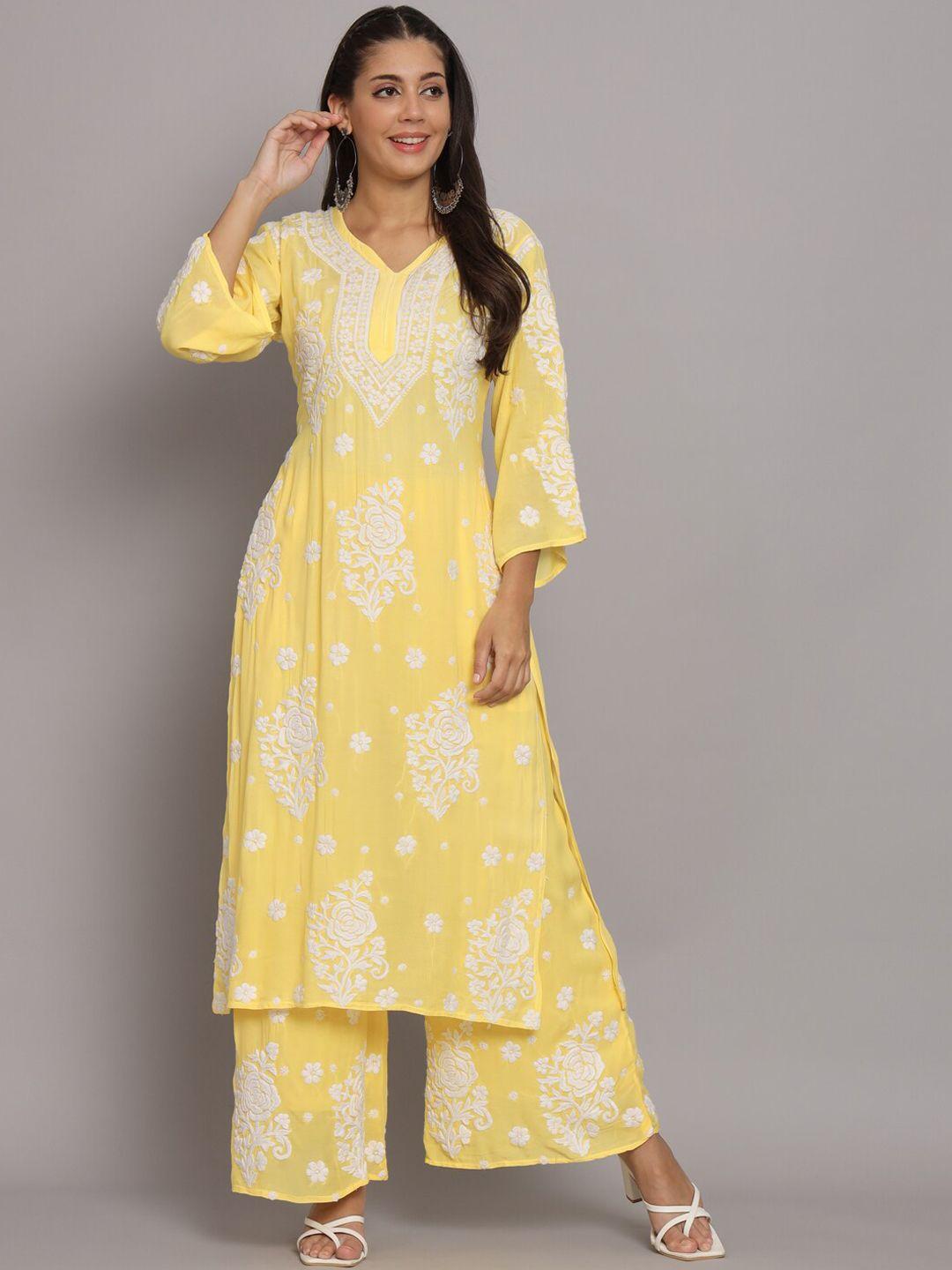 paramount chikan ethnic motifs embroidered regular chikankari kurta with palazzos