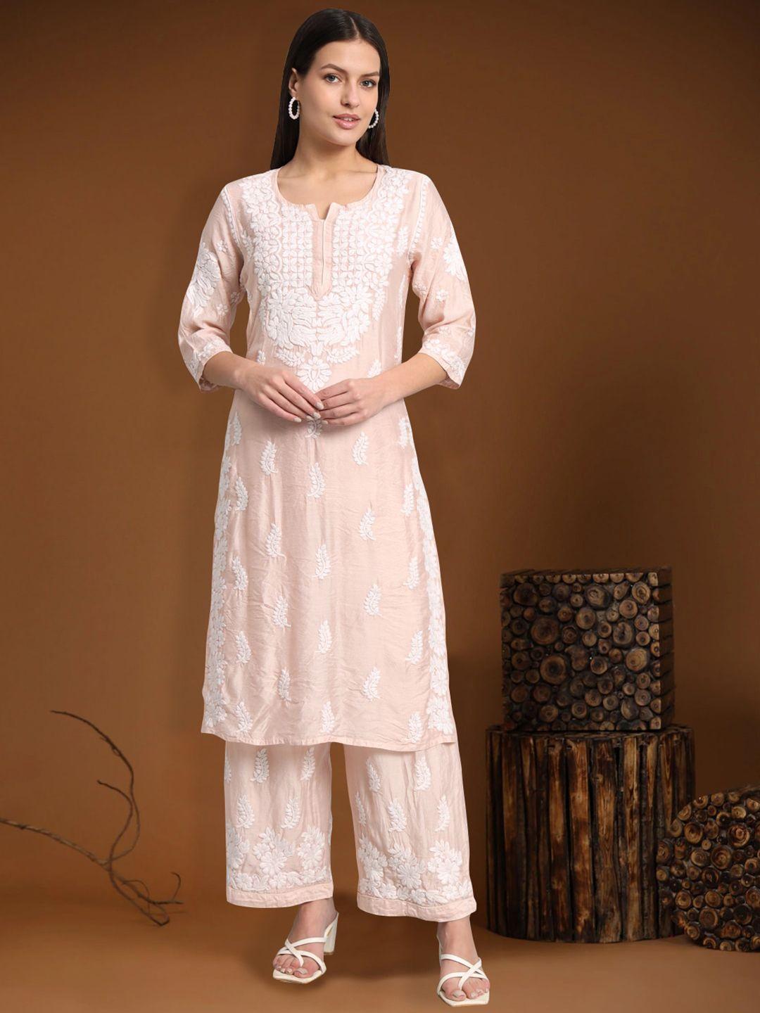 paramount chikan ethnic motifs regular chikankari chanderi cotton kurta with palazzos