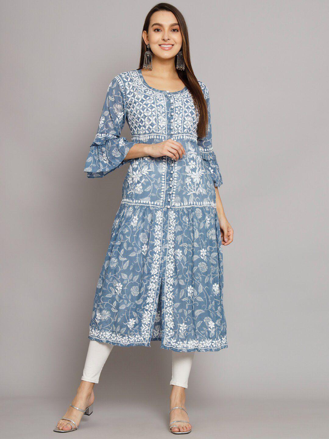 paramount chikan floral chikankari embroidered cotton a-line kurta