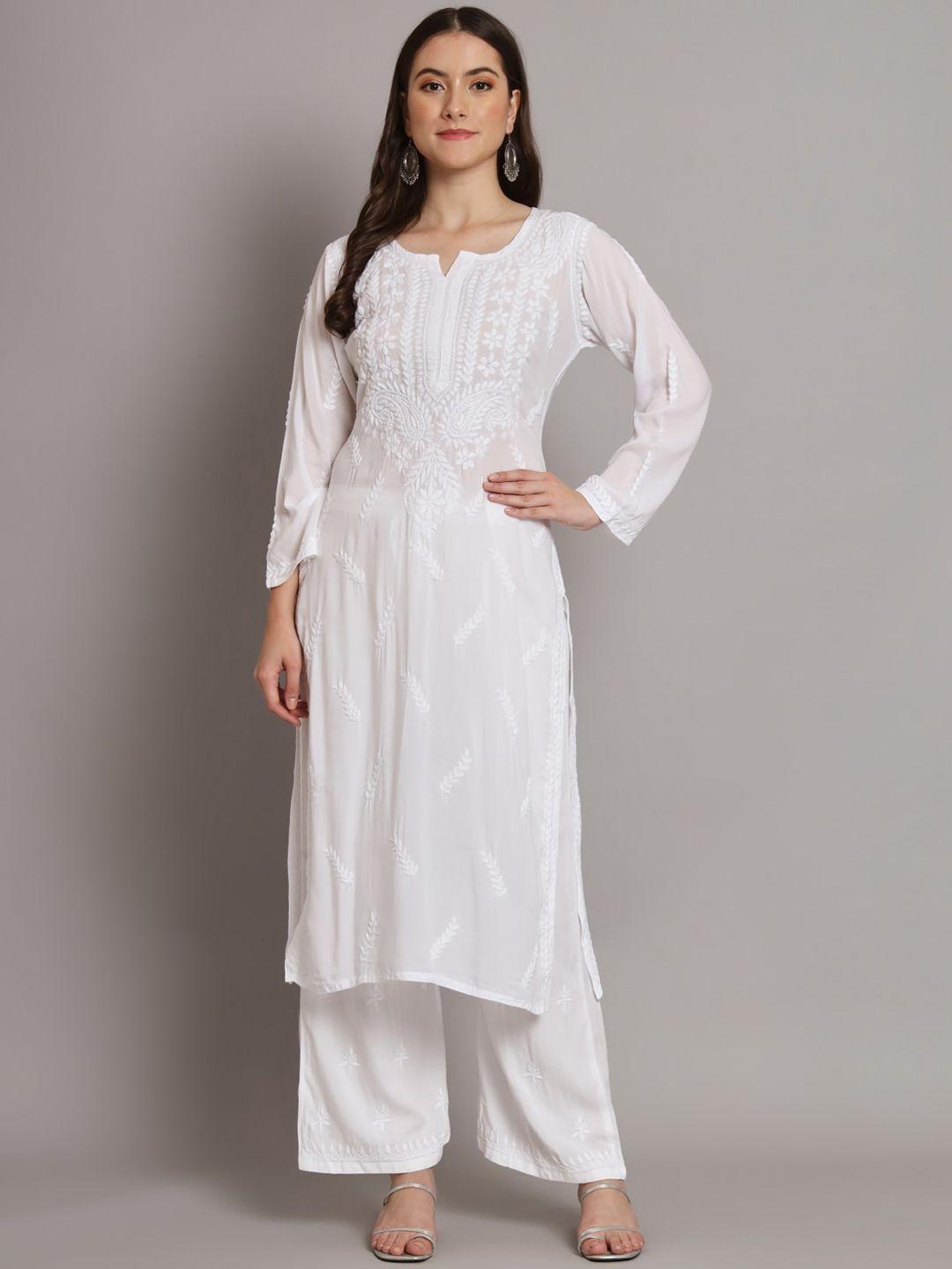 paramount chikan floral chikankari embroidered notched neck straight kurta