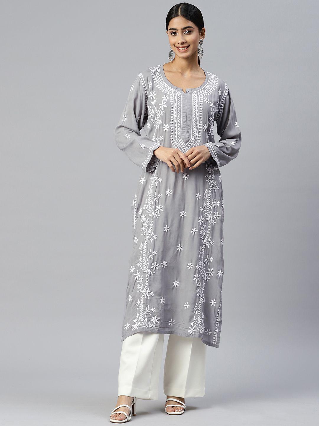 paramount chikan floral embroidered chikankari cotton kurta