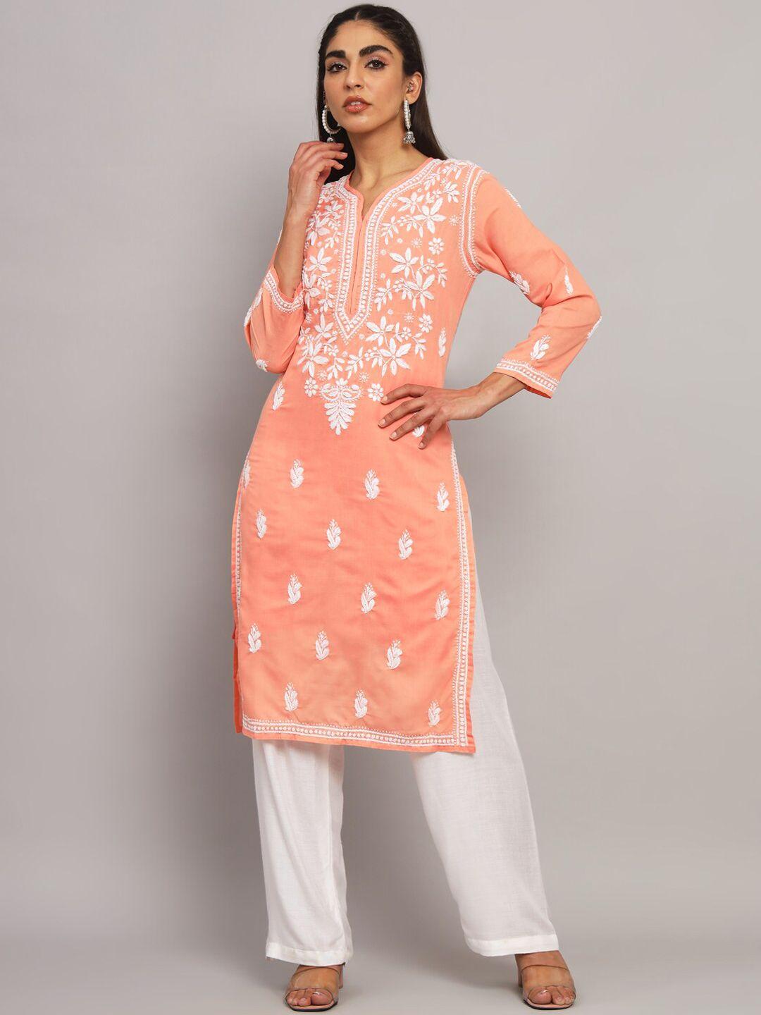 paramount chikan floral embroidered chikankari cotton straight kurta