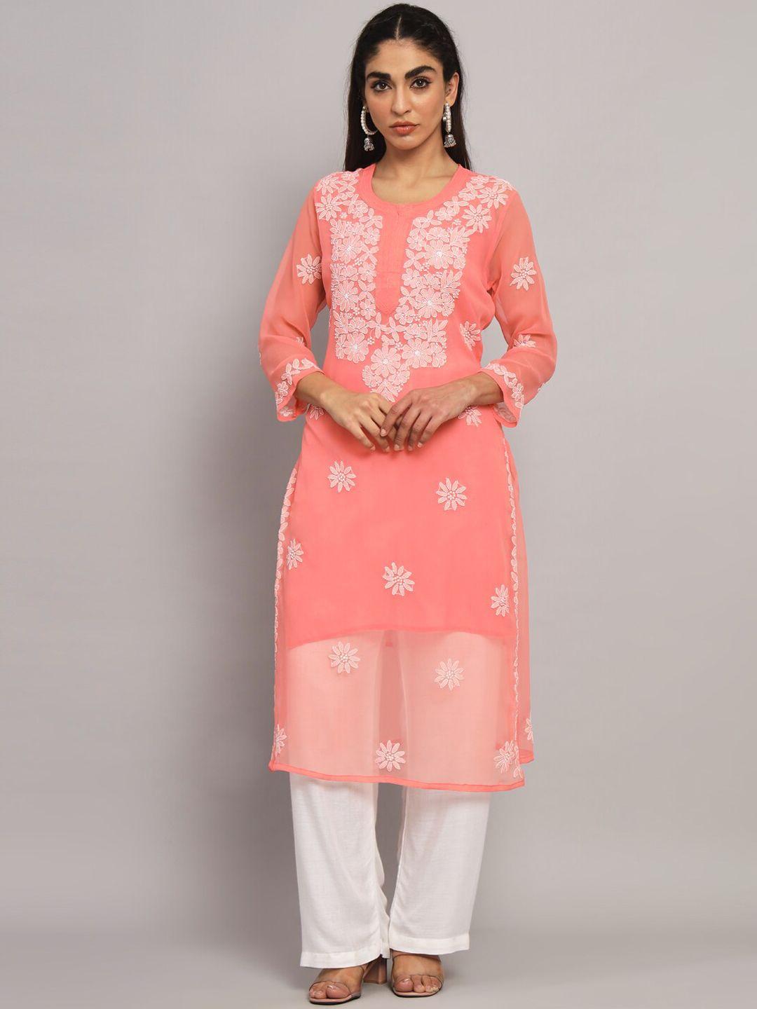 paramount chikan floral embroidered chikankari georgette kurta with matching slip