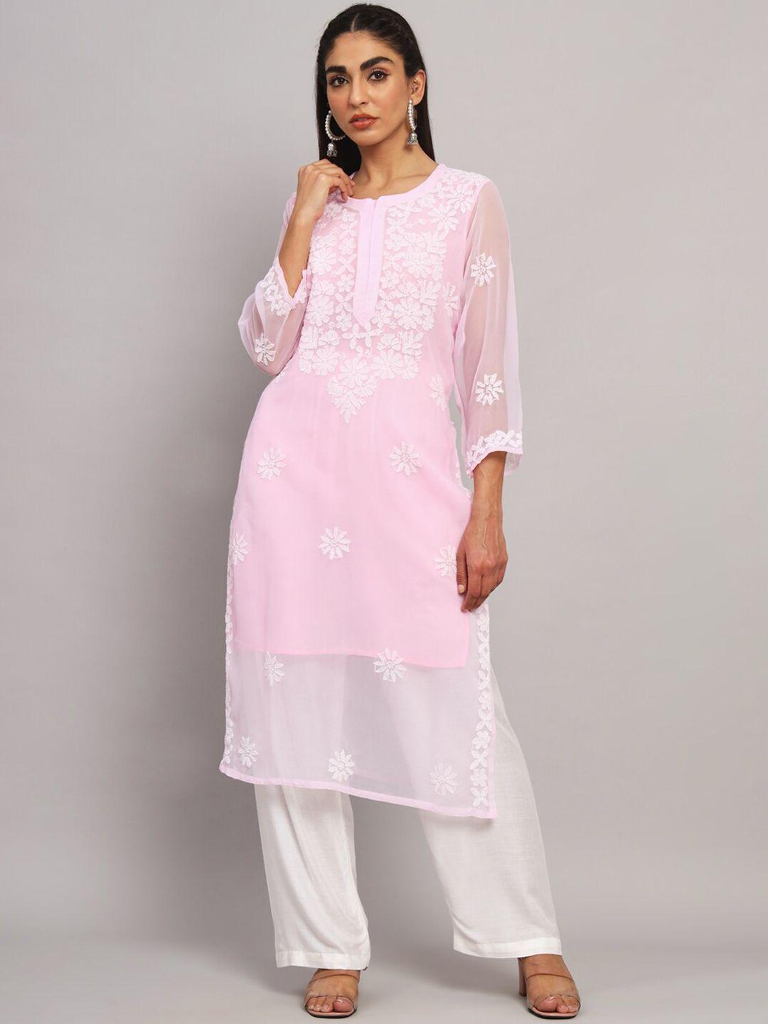 paramount chikan floral embroidered chikankari georgette kurta with slip