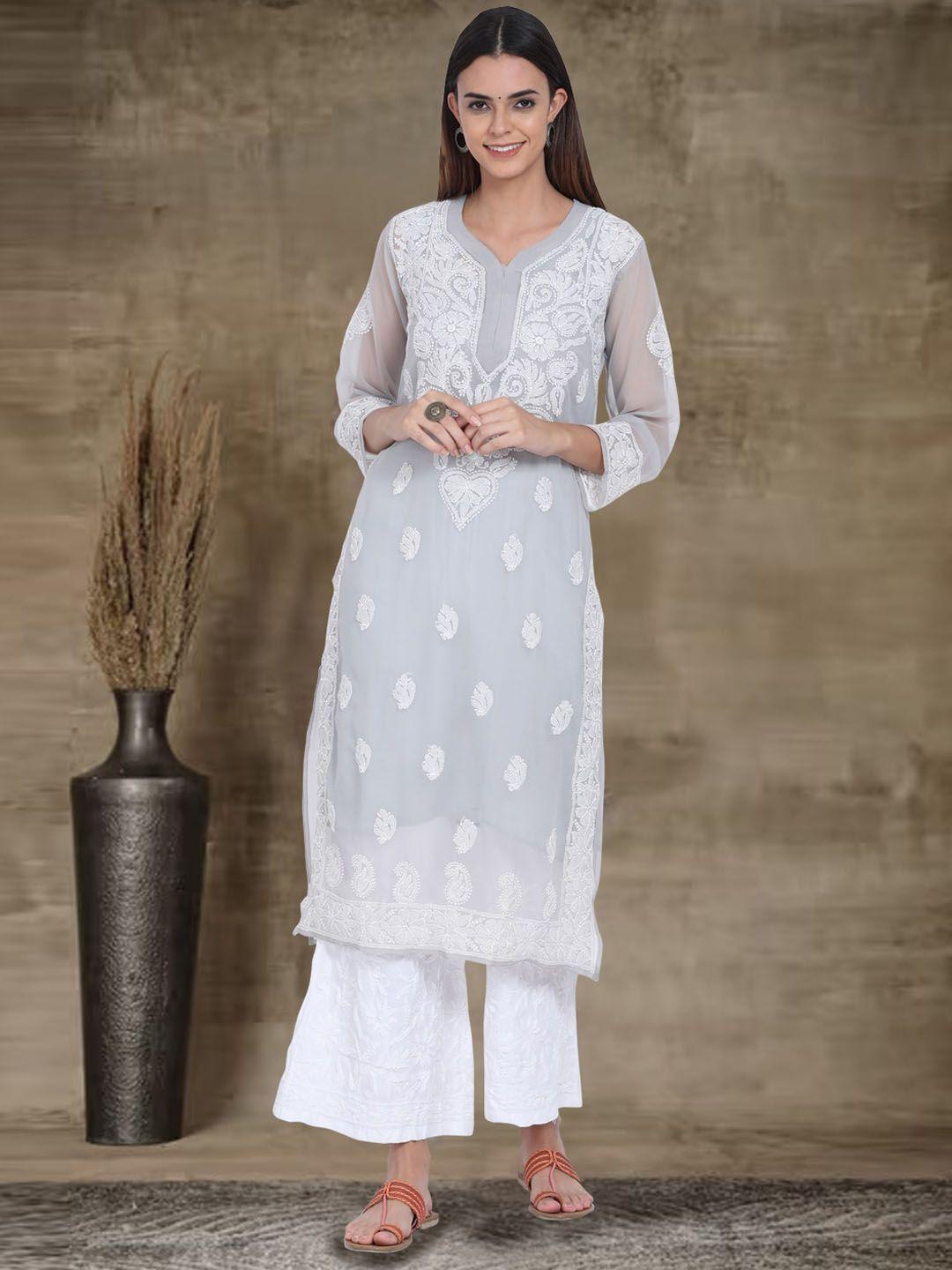 paramount chikan floral embroidered chikankari georgette straight kurta