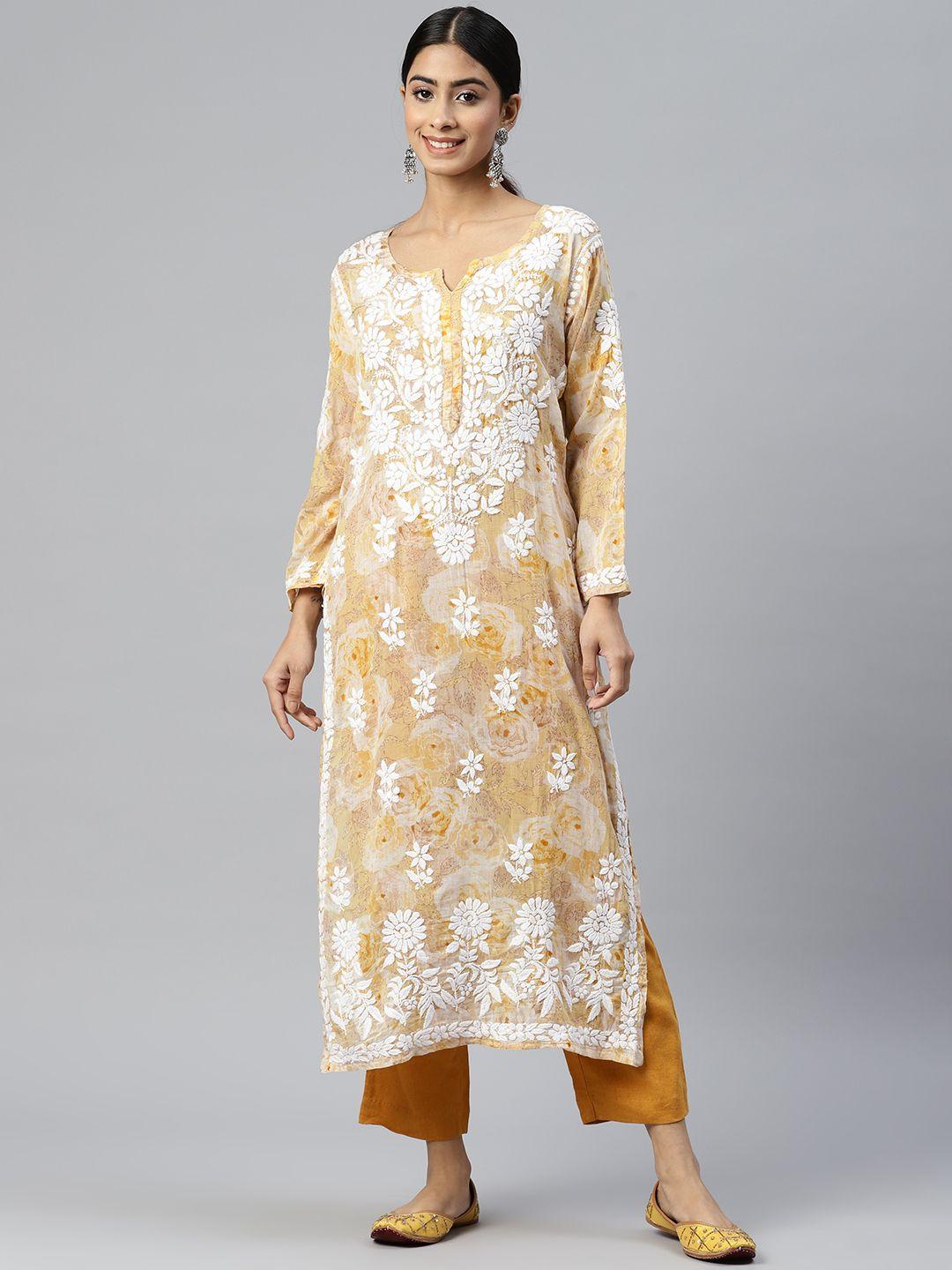 paramount chikan floral embroidered chikankari pure cotton kurta