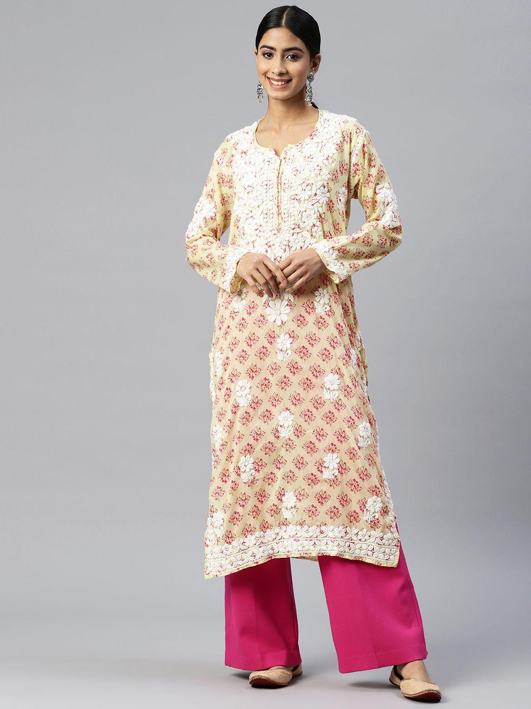 paramount chikan floral embroidered chikankari pure cotton kurta