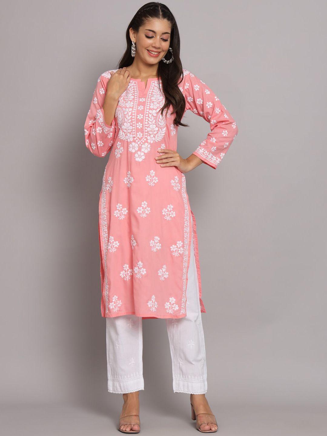 paramount chikan floral embroidered notched neck chikankari kurta