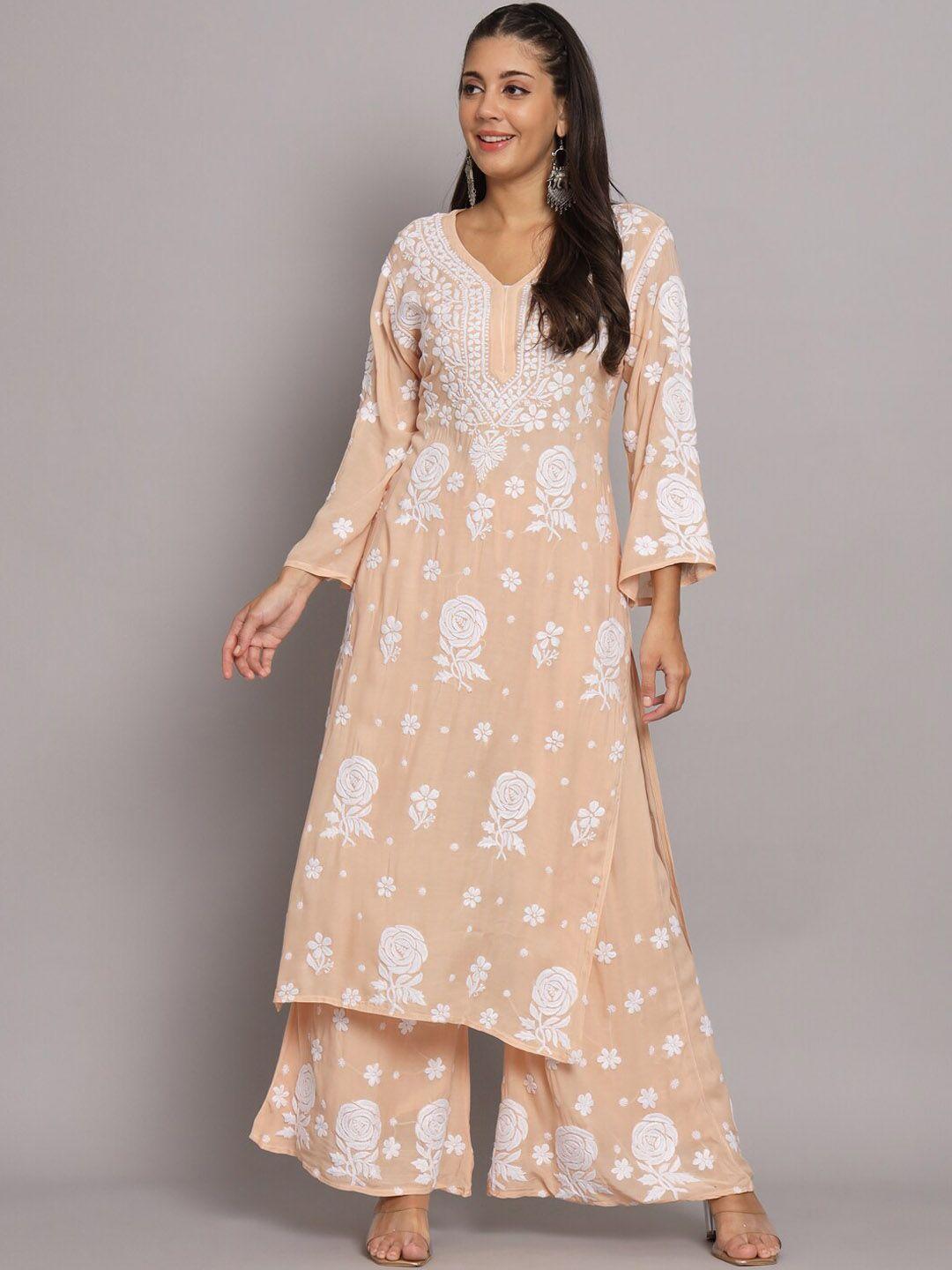 paramount chikan floral embroidered regular chikankari kurta with palazzos